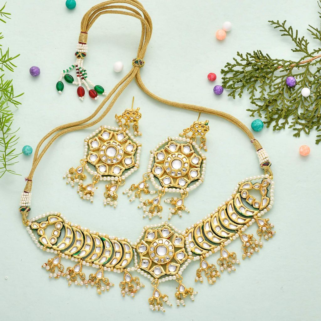 Abhaah Gold Plated Kundan Pearl Fancy Choker Necklace Set Traditional Jewellery Set with Earrings for Women & Girls
