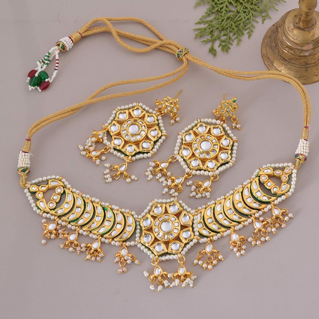 Abhaah Gold Plated Kundan Pearl Fancy Choker Necklace Set Traditional Jewellery Set with Earrings for Women & Girls