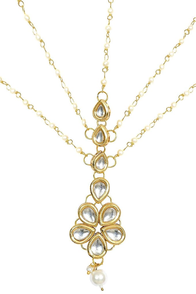 Abhaah Gold Plated Pearl Chain Layer Kundan Stones Head Chain/Hair Jewellery Traditional Bridal Wedding/Maang Tikka for Women