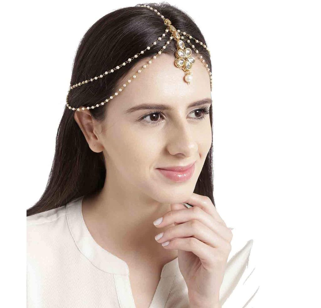 Abhaah Gold Plated Pearl Chain Layer Kundan Stones Head Chain/Hair Jewellery Traditional Bridal Wedding/Maang Tikka for Women