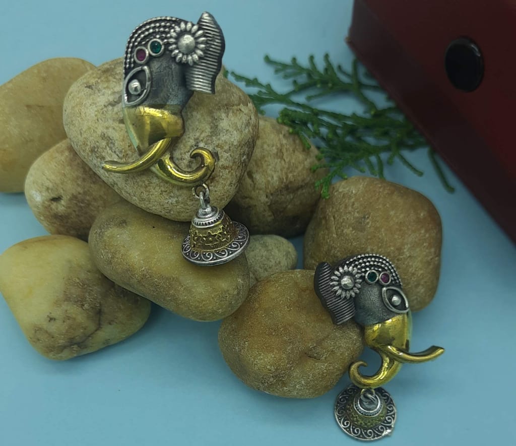 Abhaah antique temple Ruby Emerald German oxidised silver plated brass jadau pink and green kundan latest design stud jhumka (jhumki) earrings for woman and girls