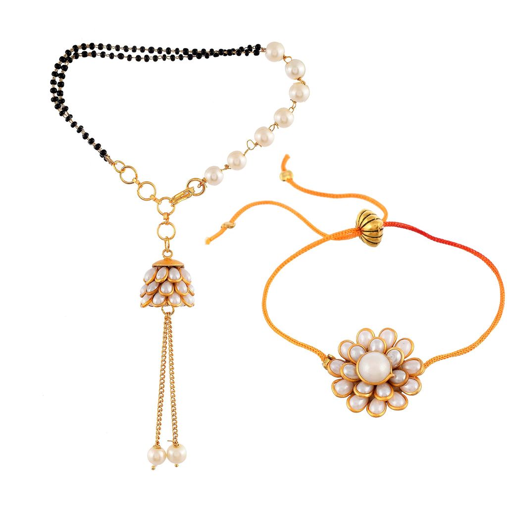 Abhaah Rakhi for Brother and Bhabhi Lumba Floral Rakhi Kundan Bracelet Rakhi for Bhaiya Bhabhi Raksha bandhan Couple Pearl mangalsutra Rakhi Set of 2