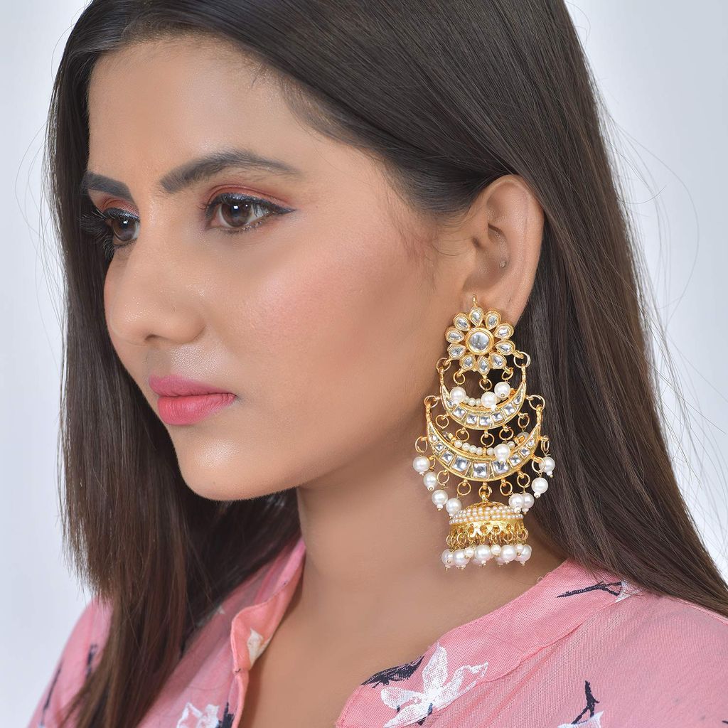 Abhaah Women's Bollywood Inspired Kundan Meenakari Traditional Look Bridal Chandbali Earrings with Jhumkas with Pearls (gold, White)