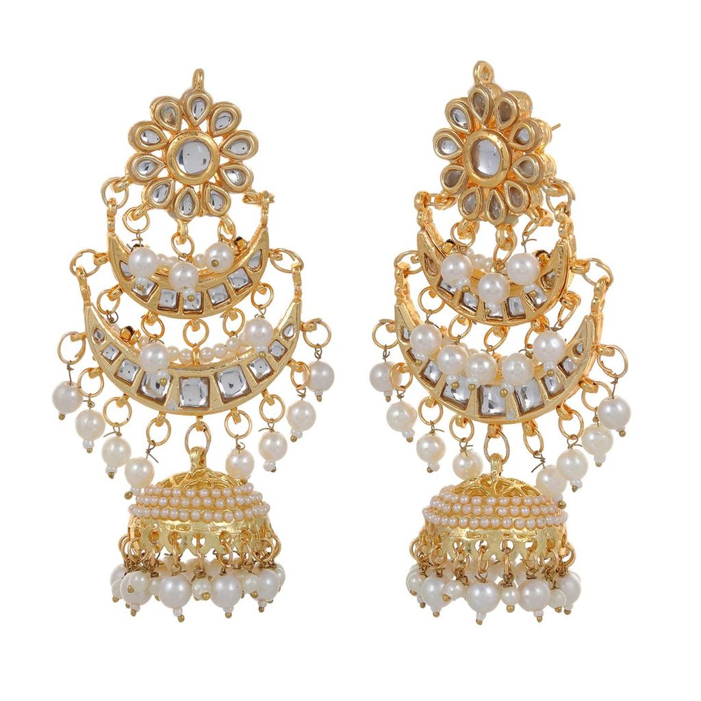 Abhaah Women's Bollywood Inspired Kundan Meenakari Traditional Look Bridal Chandbali Earrings with Jhumkas with Pearls (gold, White)