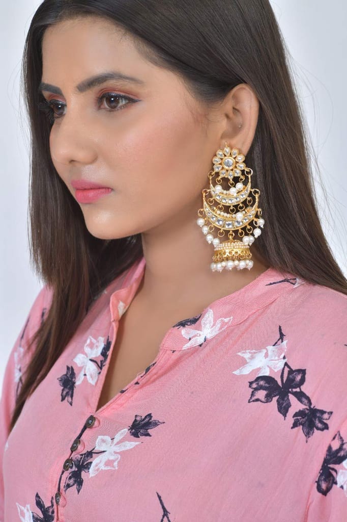 Abhaah Women's Bollywood Inspired Kundan Meenakari Traditional Look Bridal Chandbali Earrings with Jhumkas with Pearls (gold, White)