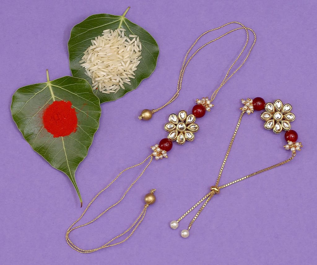 Abhaah Bhaiya bhabhi couple kundan maroon Rakhi combo set