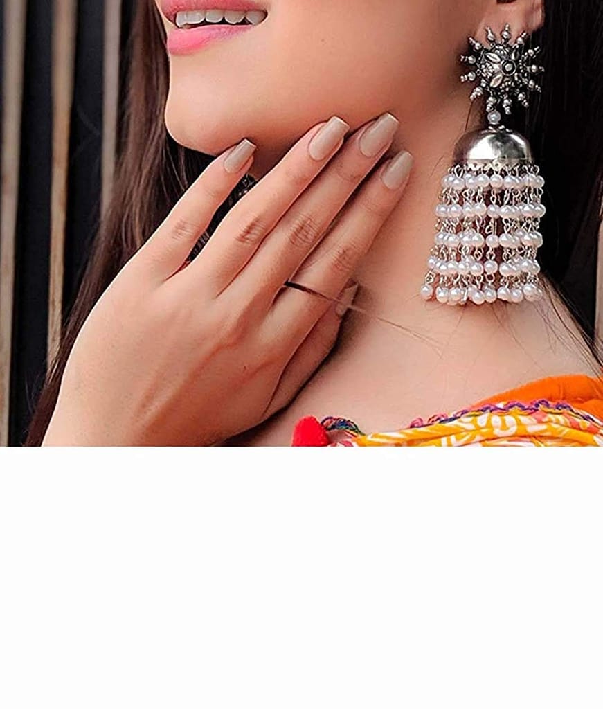 KRELIN Oxidised Silver Traditional Earring With White Pearl Afghani Long Tassel Sun Shape Bigger Jhumka Jhumki for Women & Girls