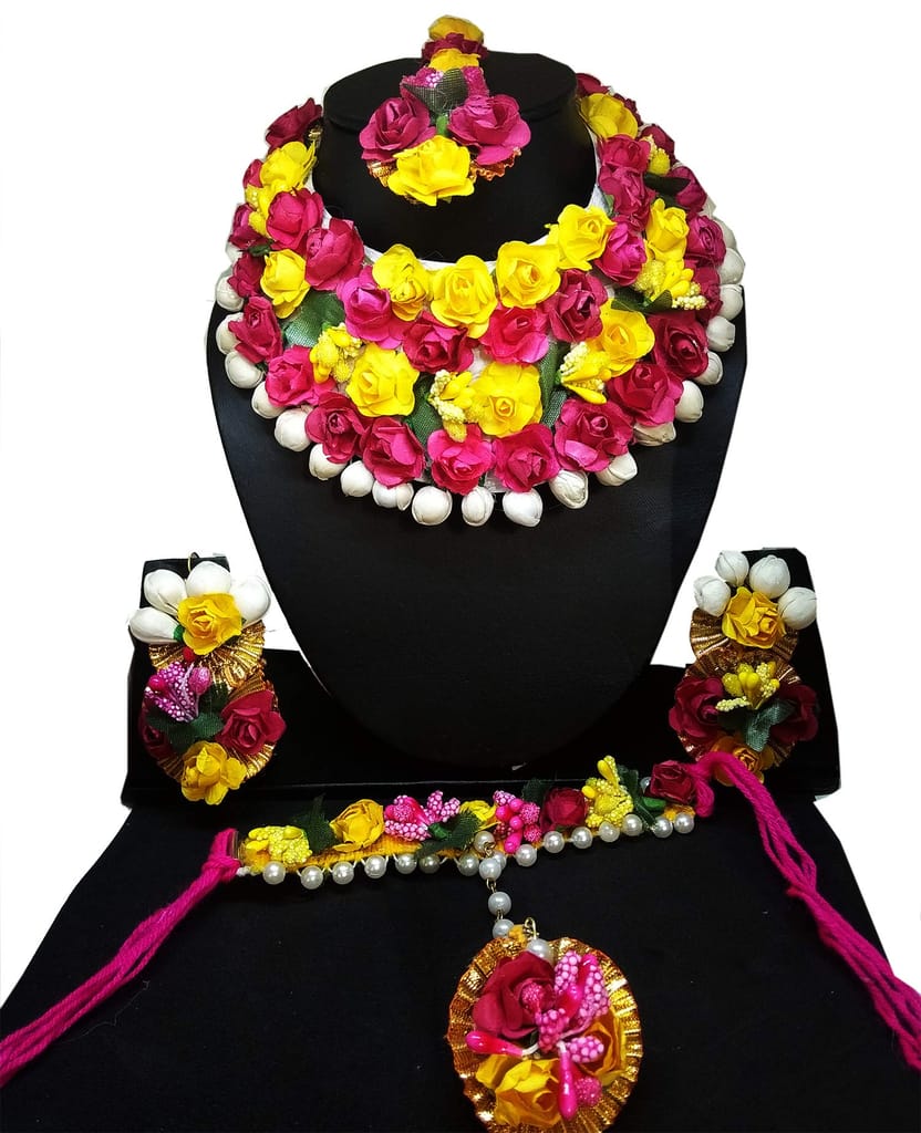 Abhaah Bridal Flower Jewellery Set for haldi Mehandi Baby Shower with Free Rose Flower Clip Floret Gota Patti Necklace, Earrings, Bracelet & maang tika Jewelry for Women