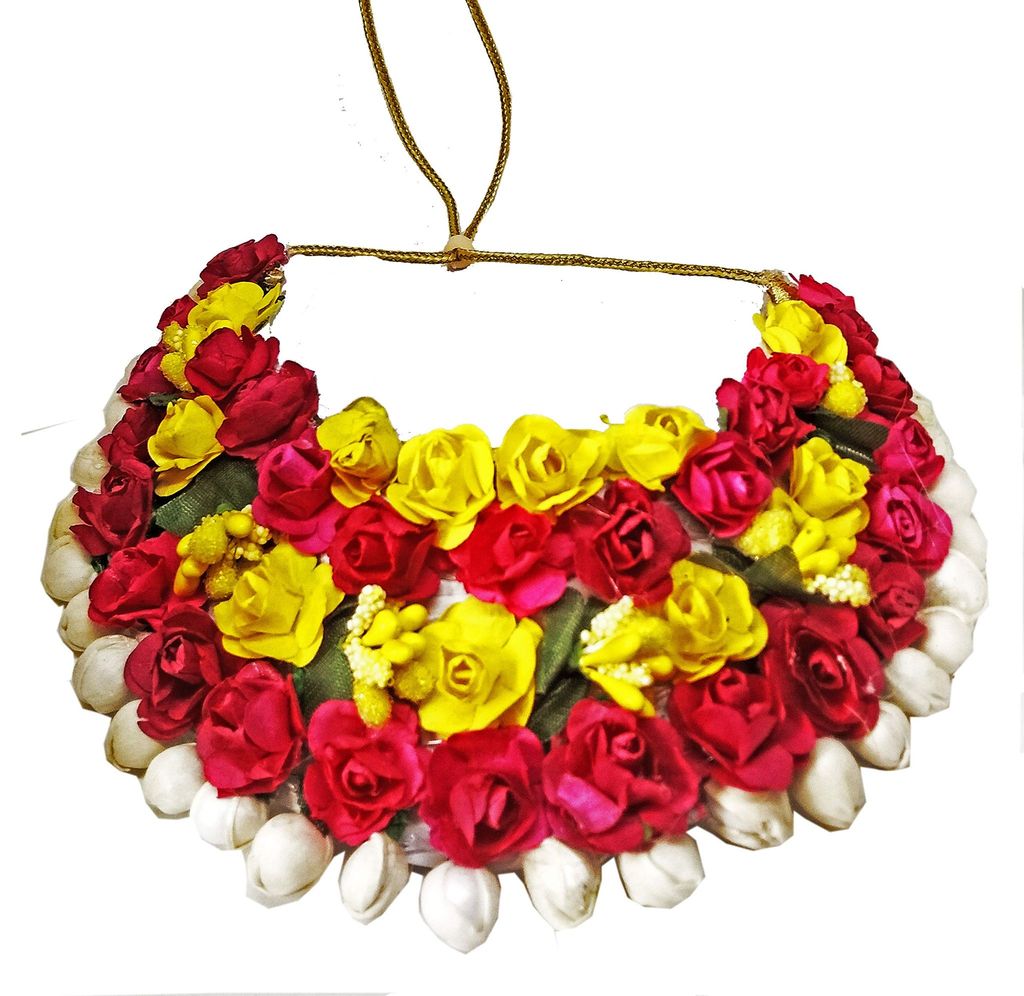 Abhaah Bridal Flower Jewellery Set for haldi Mehandi Baby Shower with Free Rose Flower Clip Floret Gota Patti Necklace, Earrings, Bracelet & maang tika Jewelry for Women