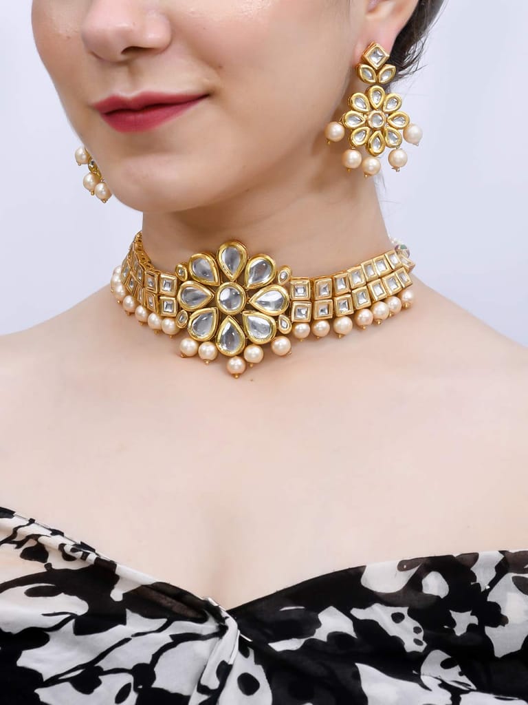 Abhaah Gold Plated Kundan Pearl Fancy Choker Necklace Set Traditional Jewellery Set with Earrings for Women & Girls