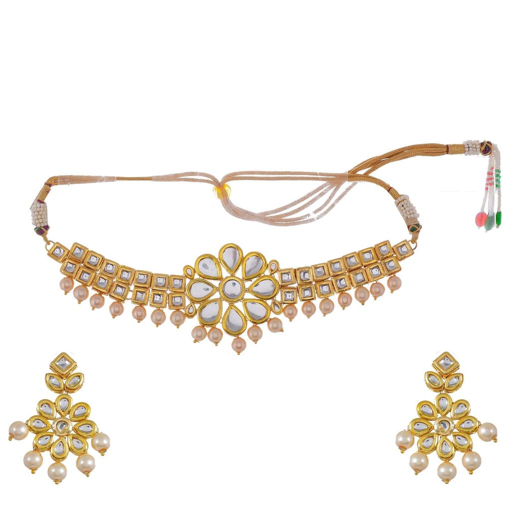 Abhaah Gold Plated Kundan Pearl Fancy Choker Necklace Set Traditional Jewellery Set with Earrings for Women & Girls