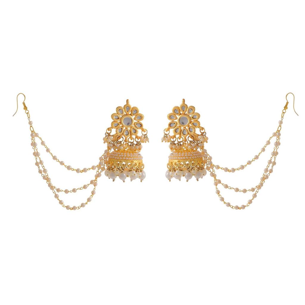 Abhaah Indie Rang Brass and Pearl Bahubali Earrings With Chain for Women & Girls, White