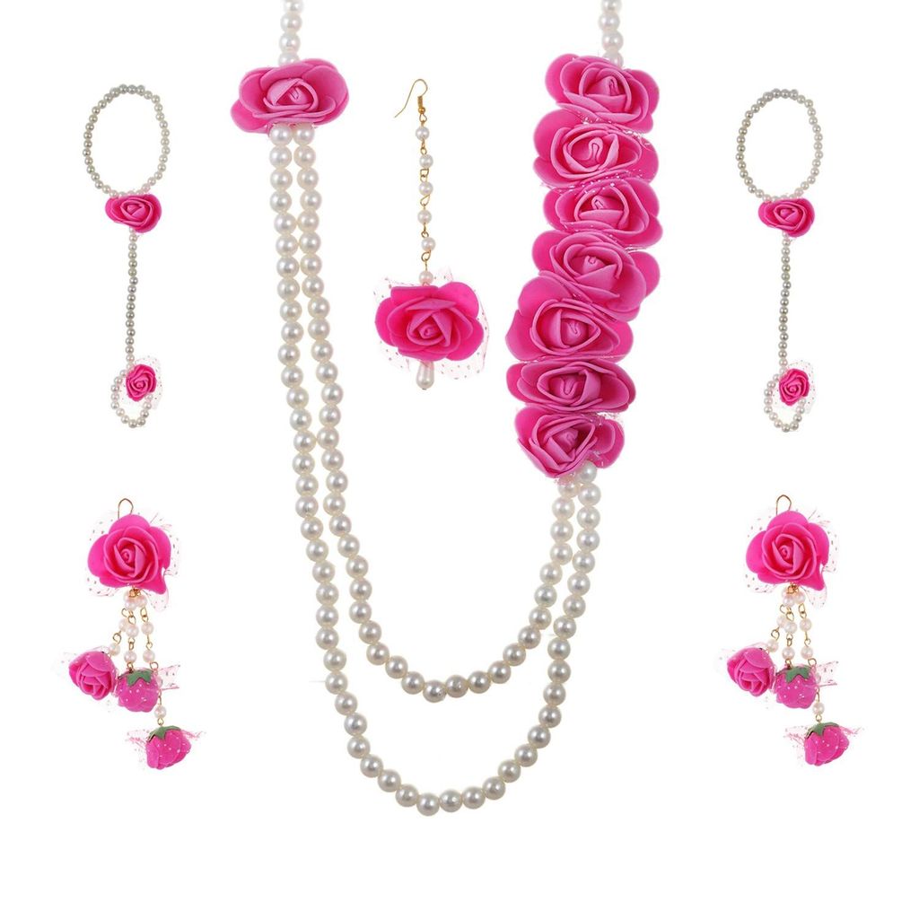 Abhaah Bridal Pink Flower Jewellery Set for haldi Mehandi Baby Shower Floret Gota Patti Necklace, Earrings, Bracelet & maang tika Jewelry for Women