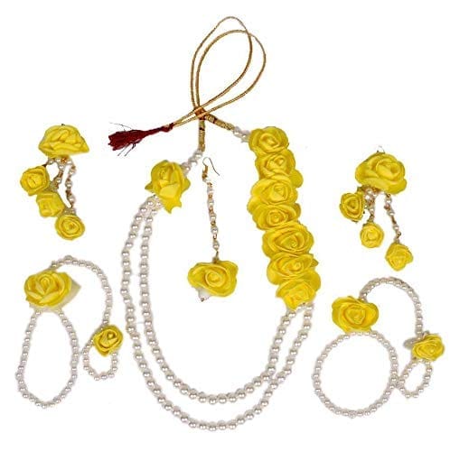 Abhaah Bridal Flower Jewellery Set for haldi Mehandi Baby Shower Floret Gota Patti Necklace, Earrings, Bracelet & maang tika Jewelry for Women