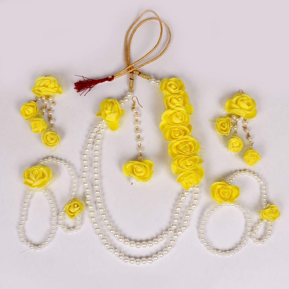 Abhaah Bridal Flower Jewellery Set for haldi Mehandi Baby Shower Floret Gota Patti Necklace, Earrings, Bracelet & maang tika Jewelry for Women
