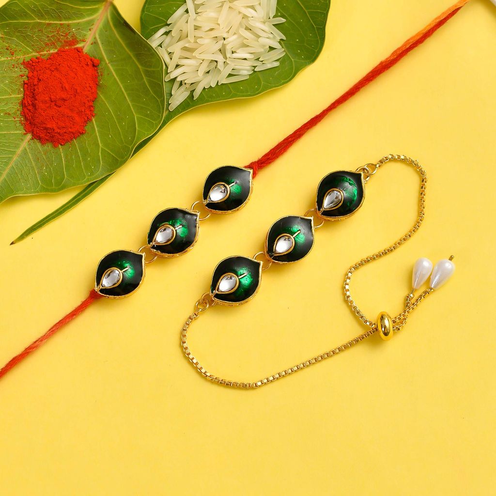 Indi Rang Women's Gold Plated Copper and Resin Pearl Rajasthani Chain Pachi Work Lumba Rakhi Combo Set for Bhaiya Bhabhi Brother Sister Rakhi (Yellow, Pink)