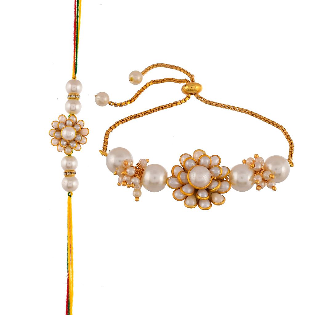 Exquisite Rakhi for Brother and Bhabhi Lumba Floral Rakhi Kundan Bracelet Rakhi for Bhaiya Bhabhi Raksha bandhan Couple Pearl Rakhi Set of 2 Included!