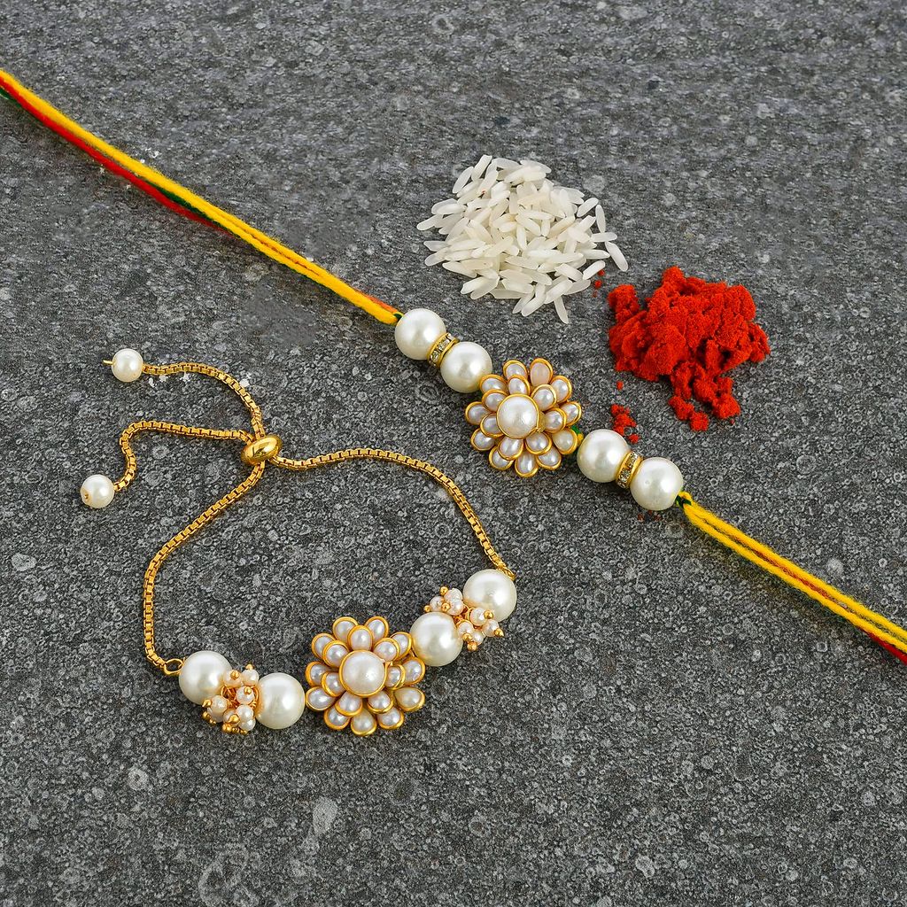 Exquisite Rakhi for Brother and Bhabhi Lumba Floral Rakhi Kundan Bracelet Rakhi for Bhaiya Bhabhi Raksha bandhan Couple Pearl Rakhi Set of 2 Included!