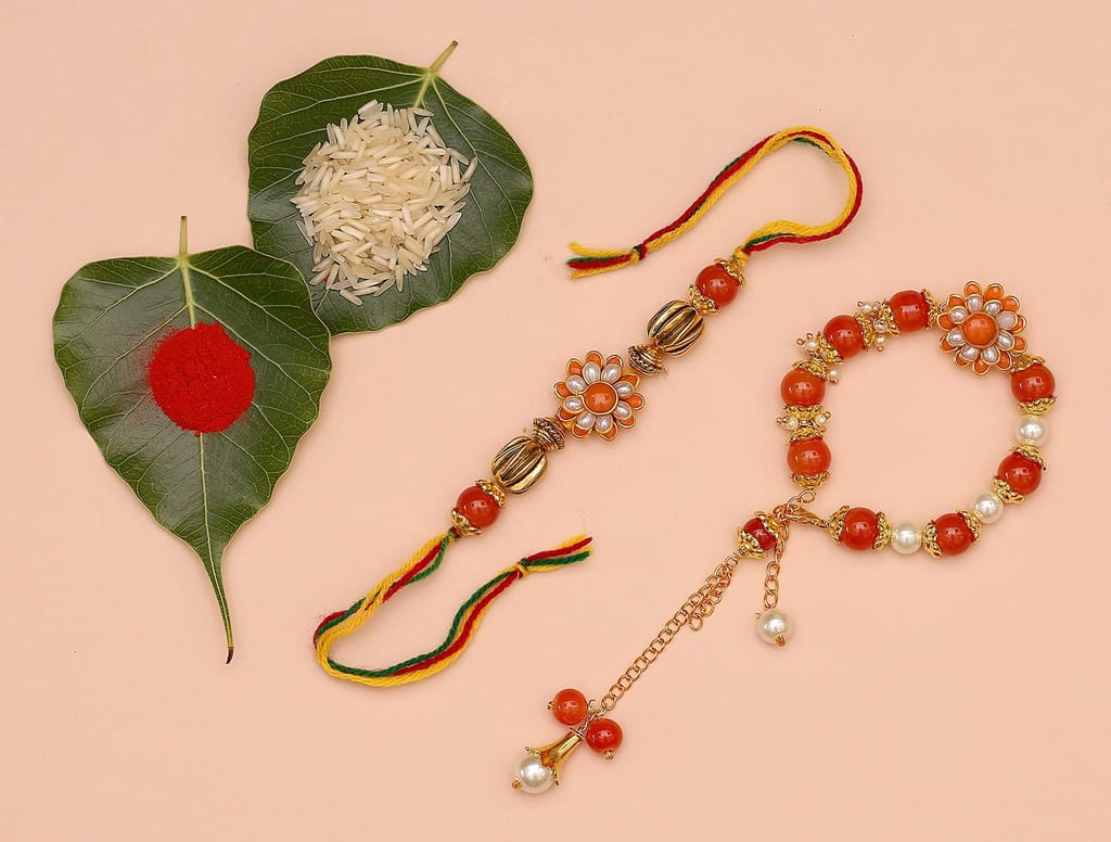Abhaah Bhaiya bhabhi couple orange pearl Rakhi combo set