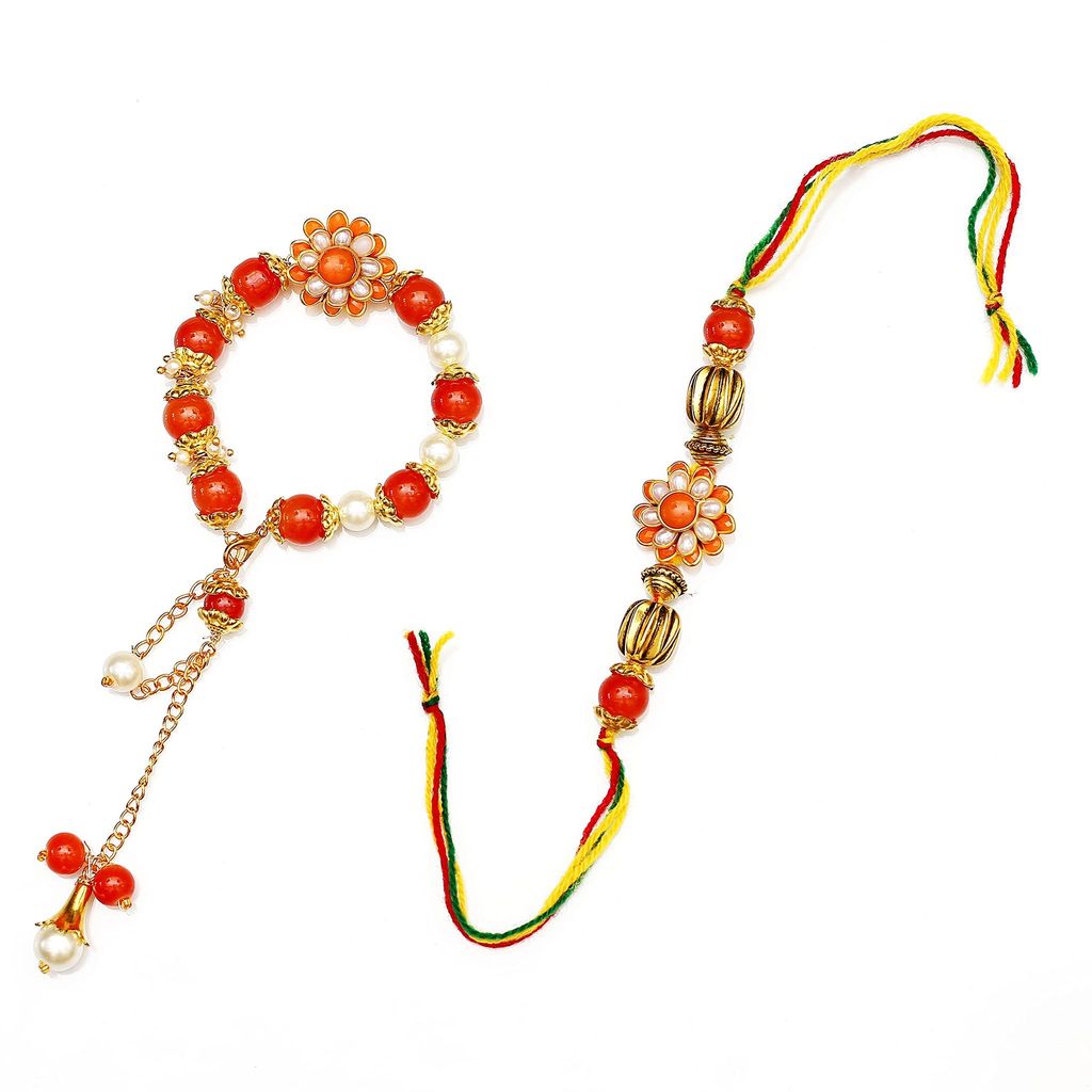 Abhaah Bhaiya bhabhi couple orange pearl Rakhi combo set