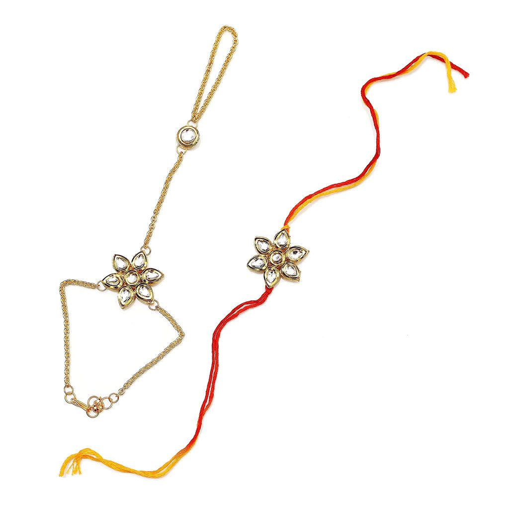 Abhaah Bhaiya bhabhi couple kundan flower hathphool Rakhi combo set