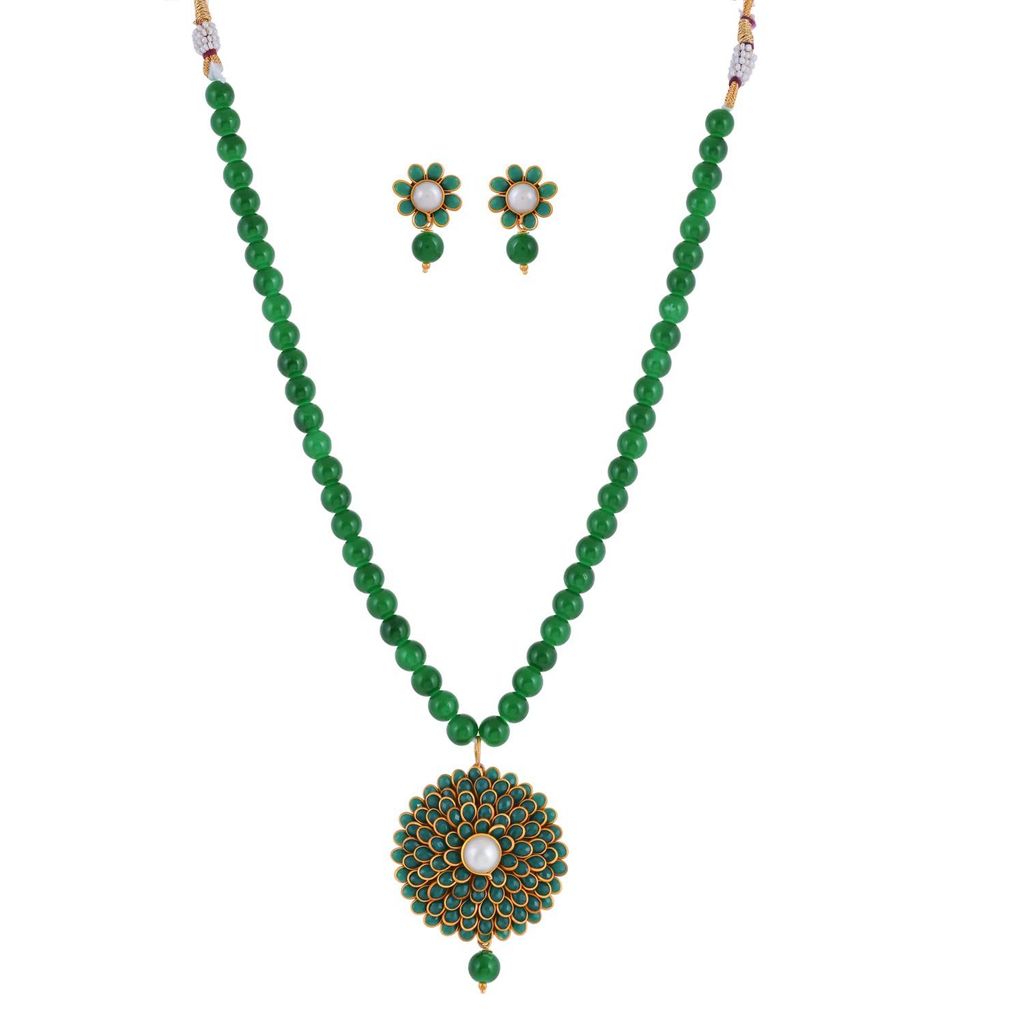 Abhaah Brass Pearl Rajasthani Pachi Kundan Flower Traditional Pendent Necklace Set for Women (Green)