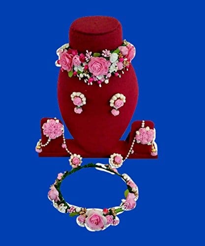 spectrumjaipur Pink Fom Flower Necklace, Earrings, Hathfull and Tiara for Women