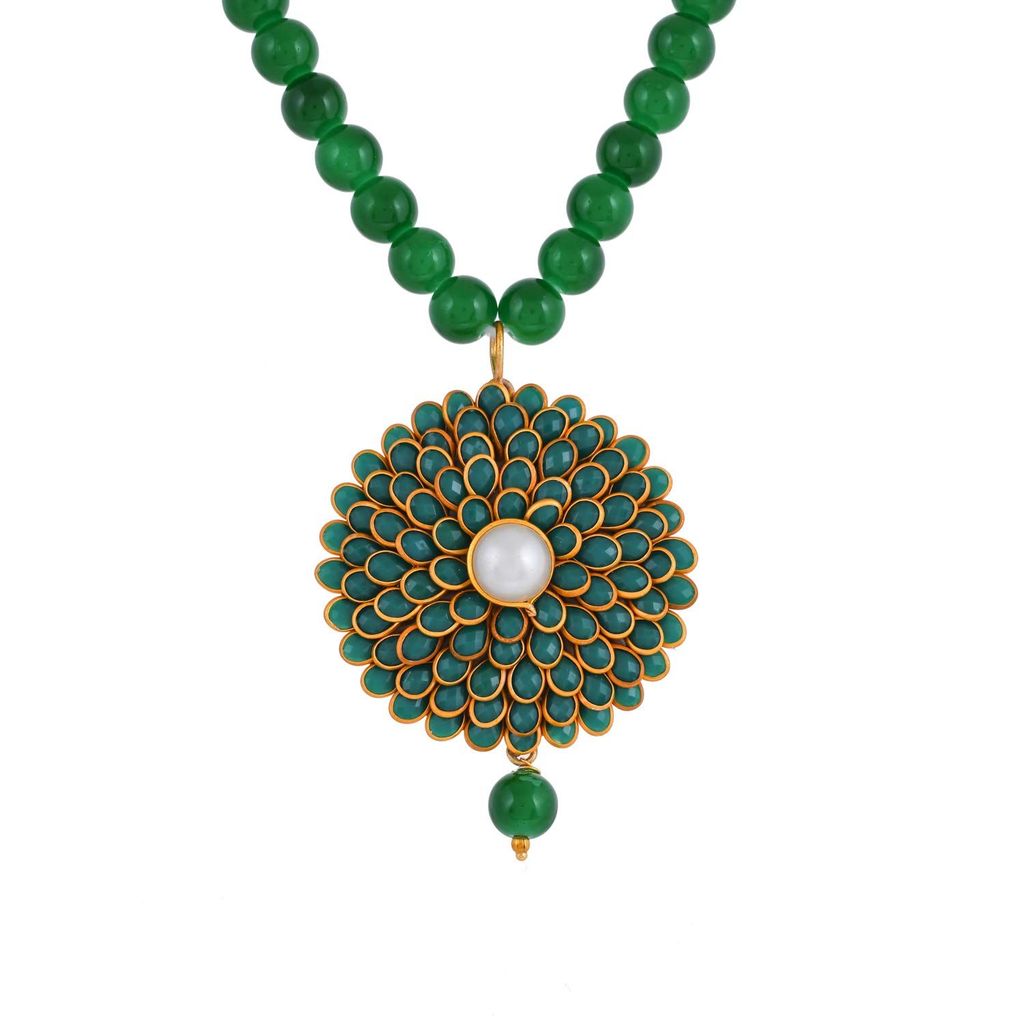 Abhaah Brass Pearl Rajasthani Pachi Kundan Flower Traditional Pendent Necklace Set for Women (Green)