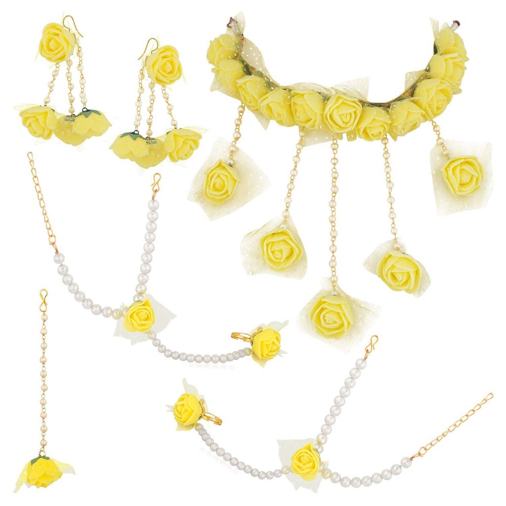 APARA Yellow Floral Gota Patti Mehandi/Haldi Necklace, Earrings, Bracelet & Maang Tika For Women & Girls