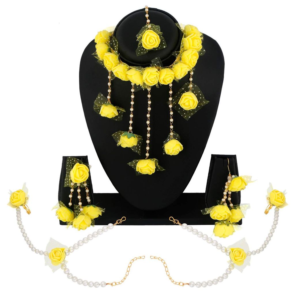 APARA Yellow Floral Gota Patti Mehandi/Haldi Necklace, Earrings, Bracelet & Maang Tika For Women & Girls
