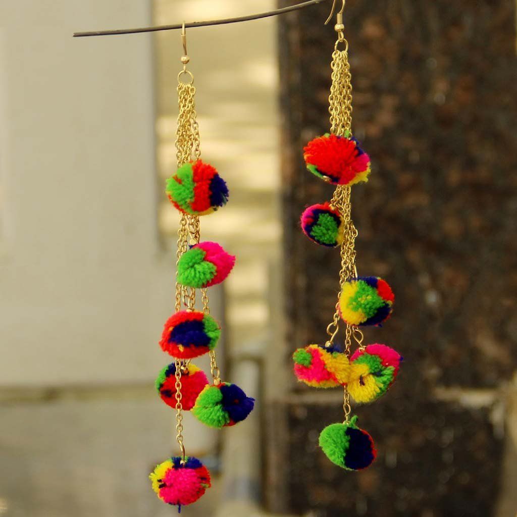 Abhaah multicolored long chain tassel pom pom earrings for women and girls