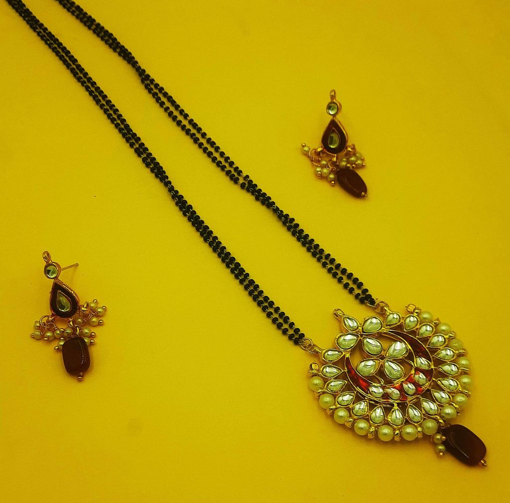 Abhaah long latest design oxidised antique gold pearl reversible mangalsutra with earrings jewellery set for woman
