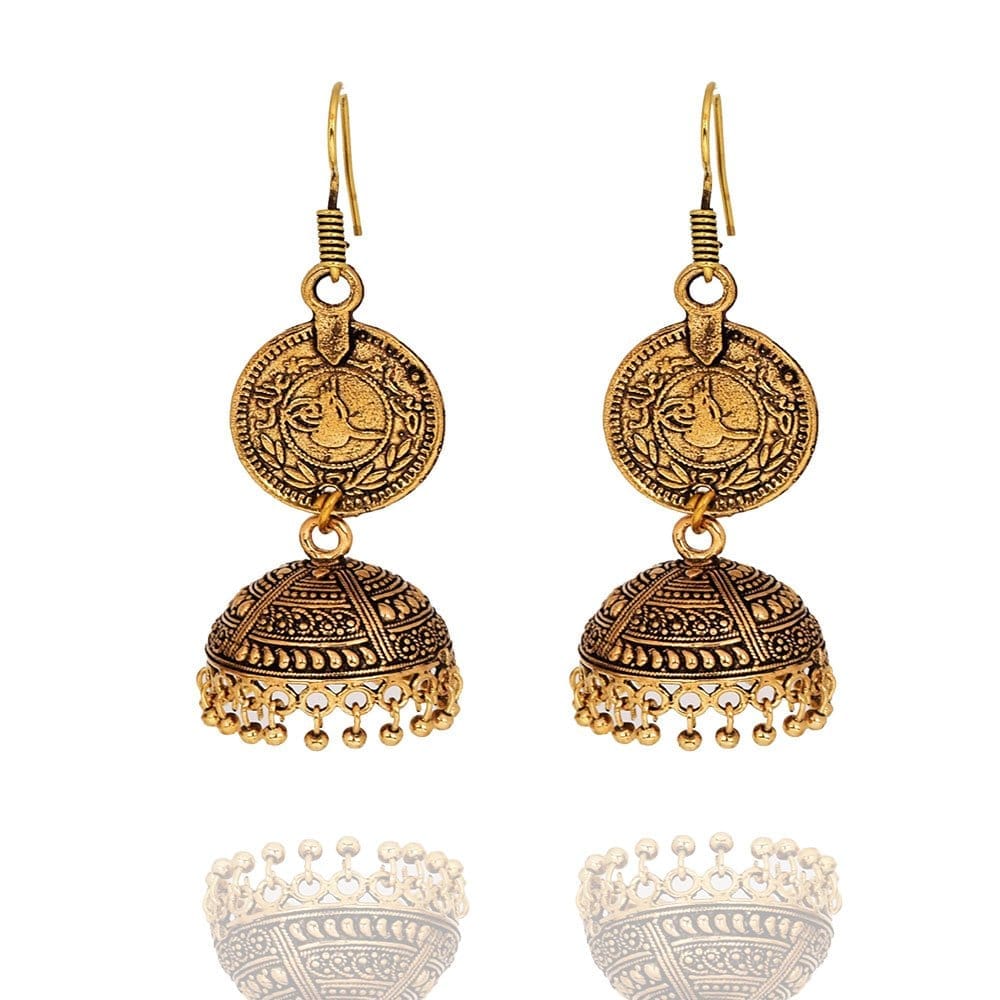 Abhaah handcrafted antique golden oxidised jhumka with coin for women and girls