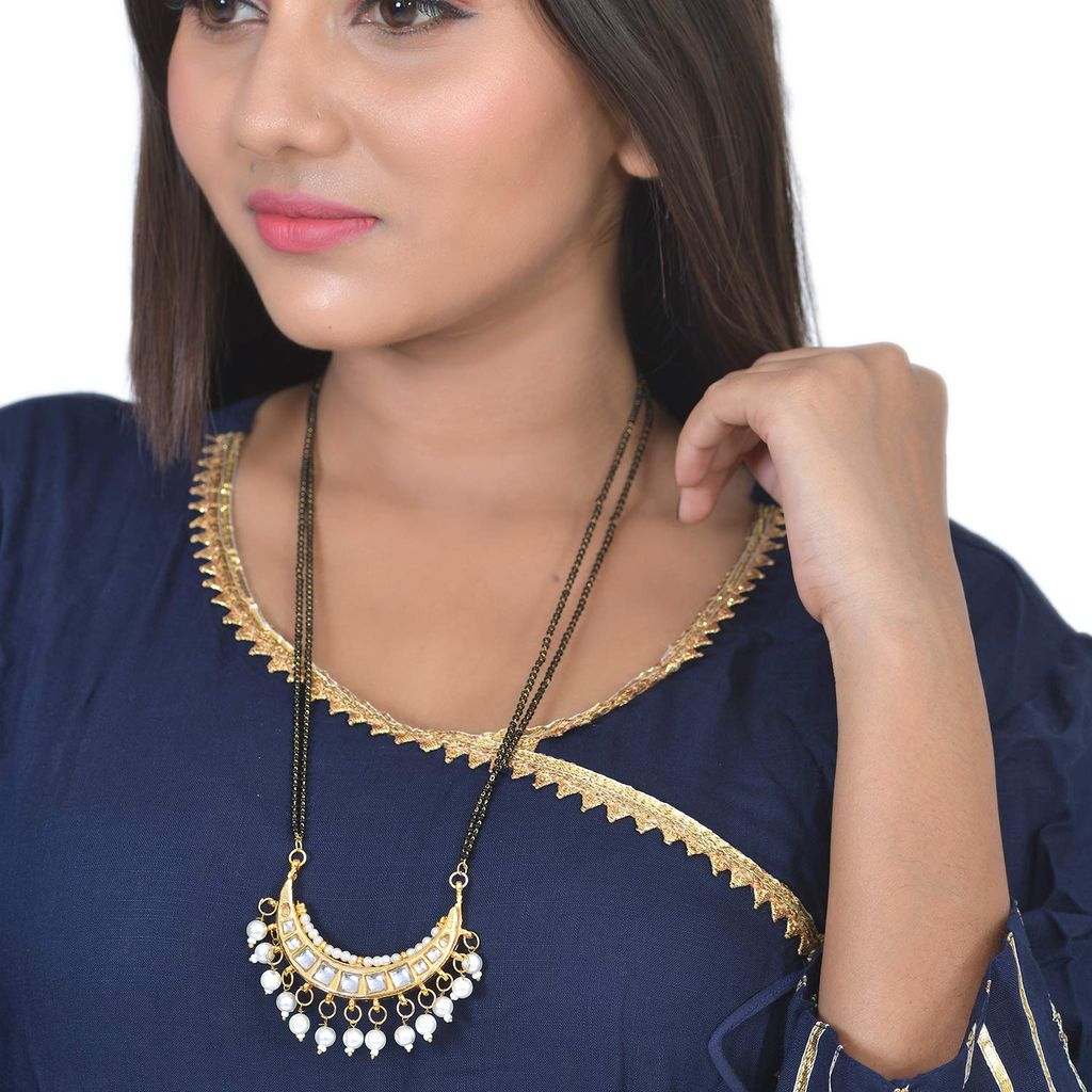 Abhaah Non-Precious Metal White Long Kundan Meenakari Reversible Chandbali Mangalsutra Jewellery for Women