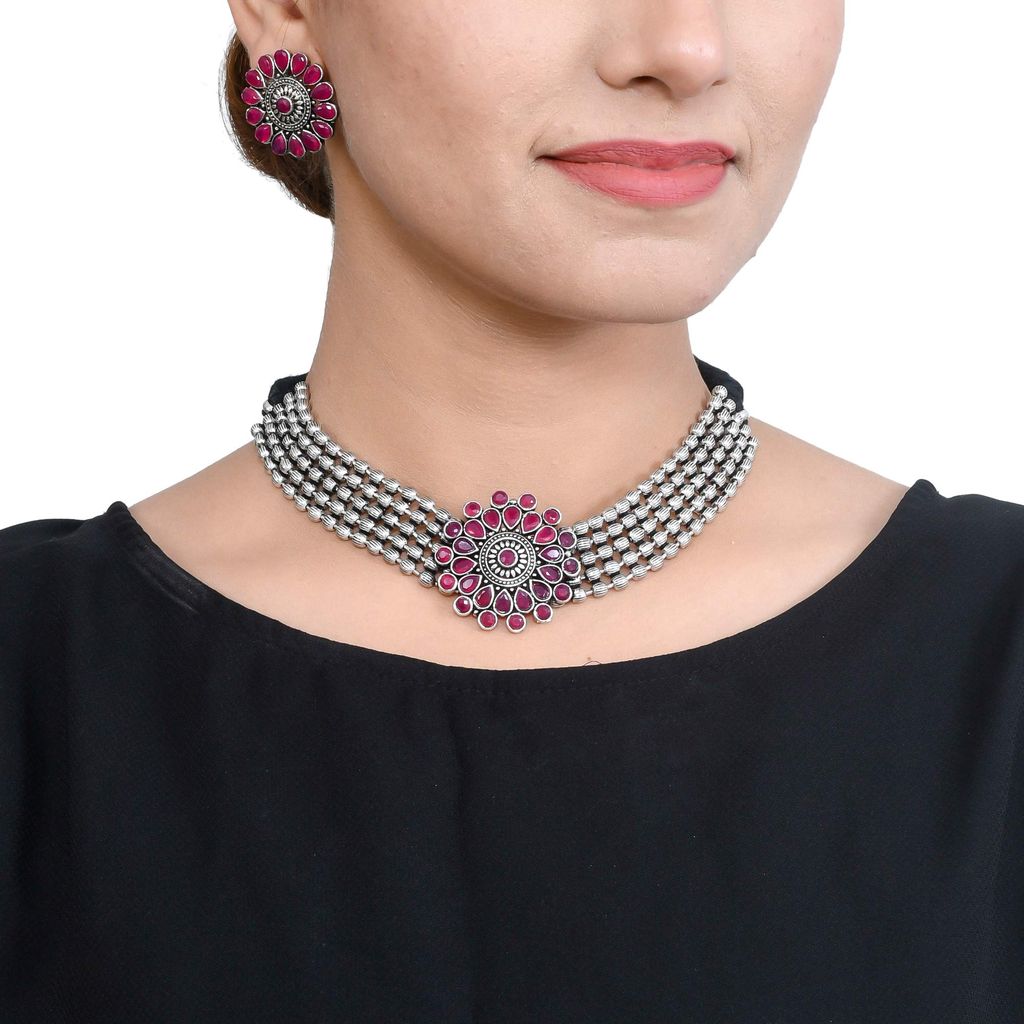 Abhaah oxidized silver brass pink kundan choker necklace set with earrings for women