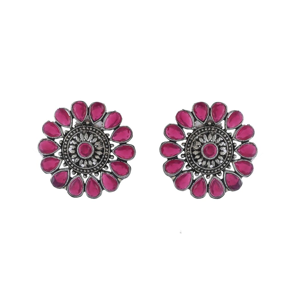 Abhaah oxidized silver brass pink kundan choker necklace set with earrings for women