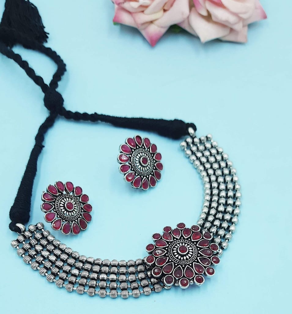 Abhaah oxidized silver brass pink kundan choker necklace set with earrings for women