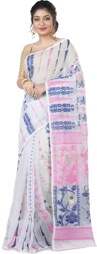 GitAsit Self Design Jamdani Cotton Blend Saree  (White)