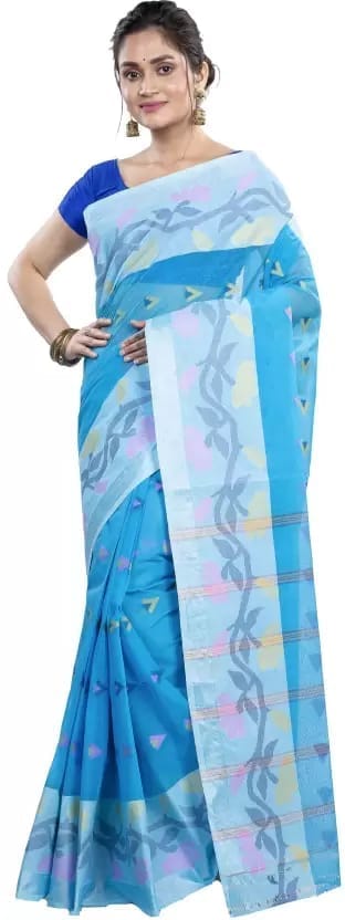 GitAsit Self Design Tant Pure Cotton Saree  (Blue)