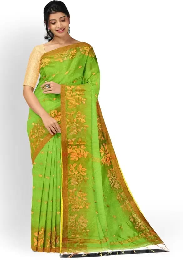 GitAsit Embroidered Handloom Cotton Blend Saree  (Green)