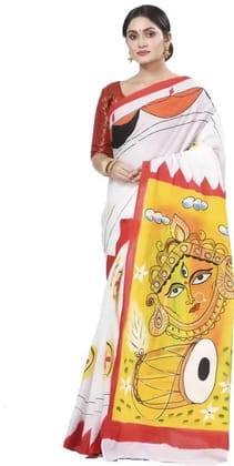 Hand Painted Handloom Pure Cotton Saree  (White)