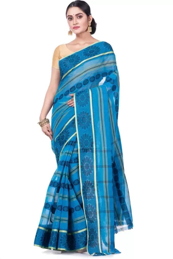 GitAsit Self Design Tant Pure Cotton Saree  (Blue)