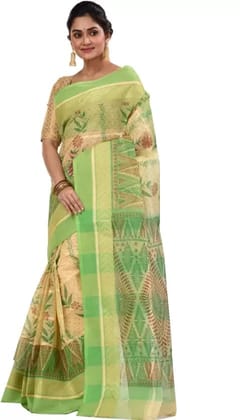 GitAsit Printed Tant Pure Cotton Saree  (Green)