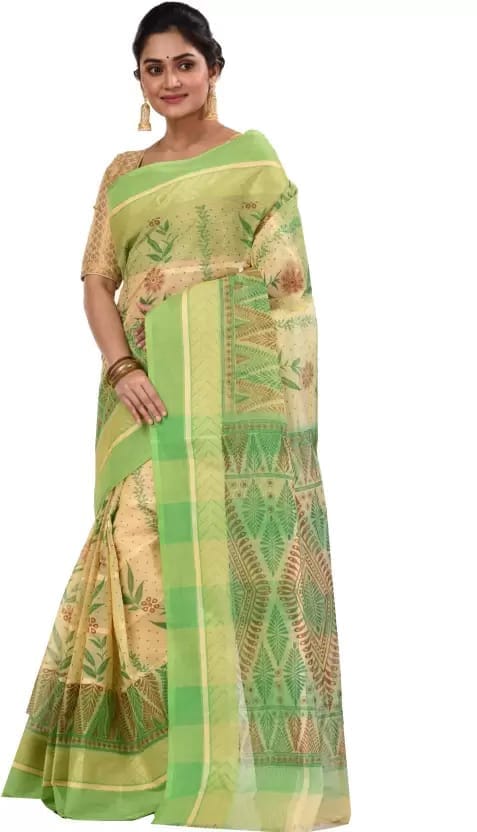GitAsit Printed Tant Pure Cotton Saree (Green)