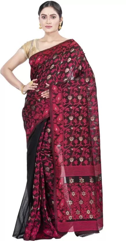 GitAsit Self Design Jamdani Cotton Blend Saree  (Maroon)