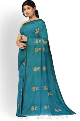 GitAsit Embroidered Handloom Cotton Blend Saree  (Light Blue)