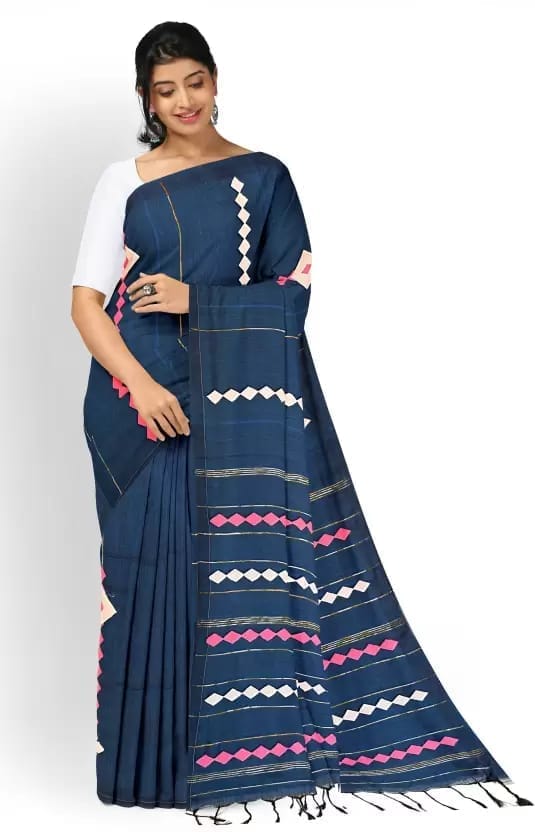 GitAsit Striped Handloom Pure Cotton Saree  (Blue)