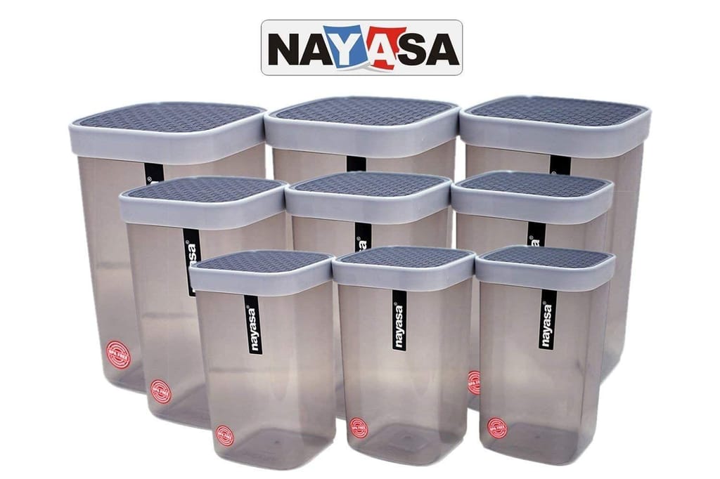 Nayasa Fusion Deluxe Containers Box/Polypropylene Grocery Container, Pack of 9 (1500ml 3Pcs, 1000ml 3Pcs, 750ml 3Pcs) (Grey) and 1 Pair Cleaning Gloves