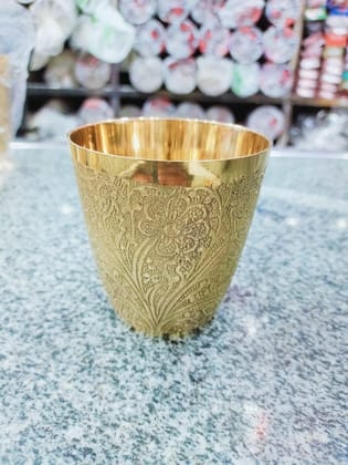 NURAT Pure Brass Glass Cup Tumbler Embossed Design Lassi Glass Homeware Hotelware Dinnerware Serveware Volume:250 ml, Diwali Gifting Item Set of 1