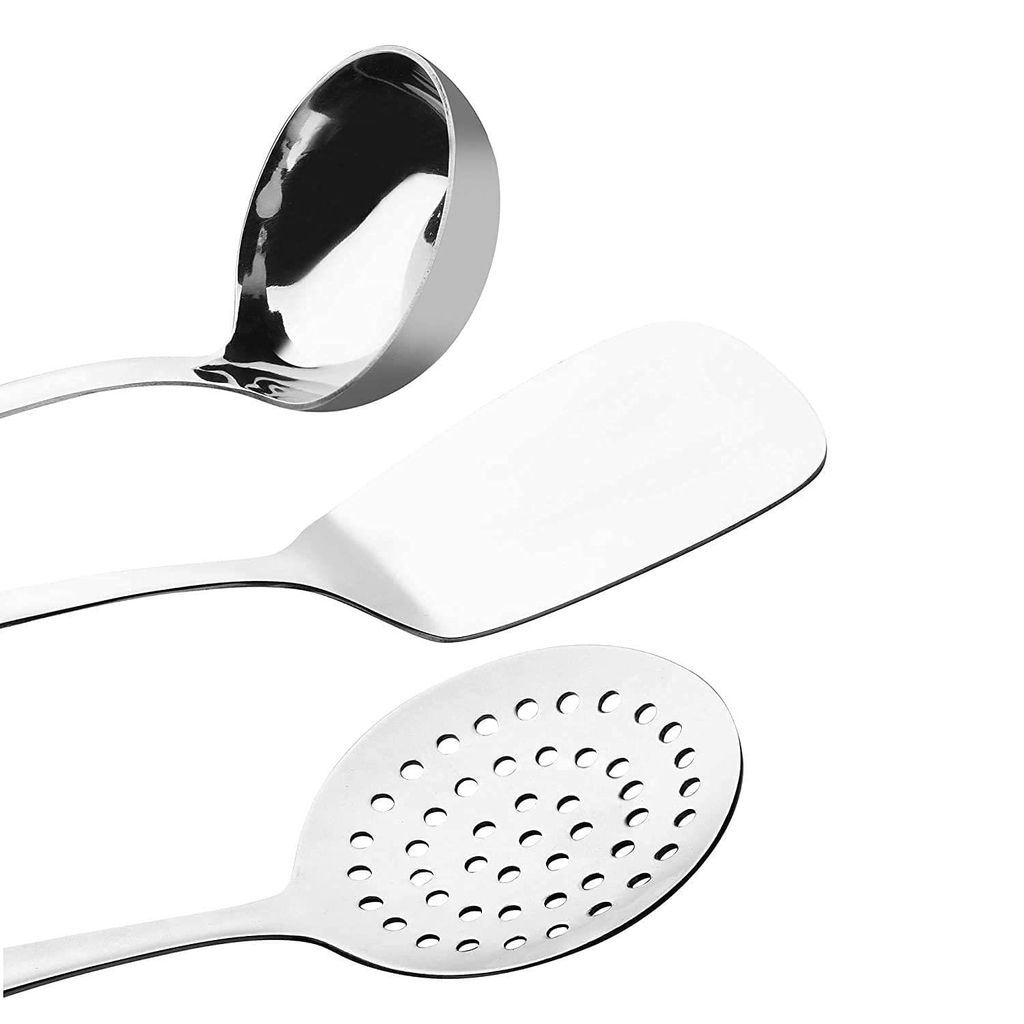 NURAT Stainless Steel Kitchen Tools Laddle, Spoon,Turner Steel Laddle/Spoon/Turner (Set of 3)